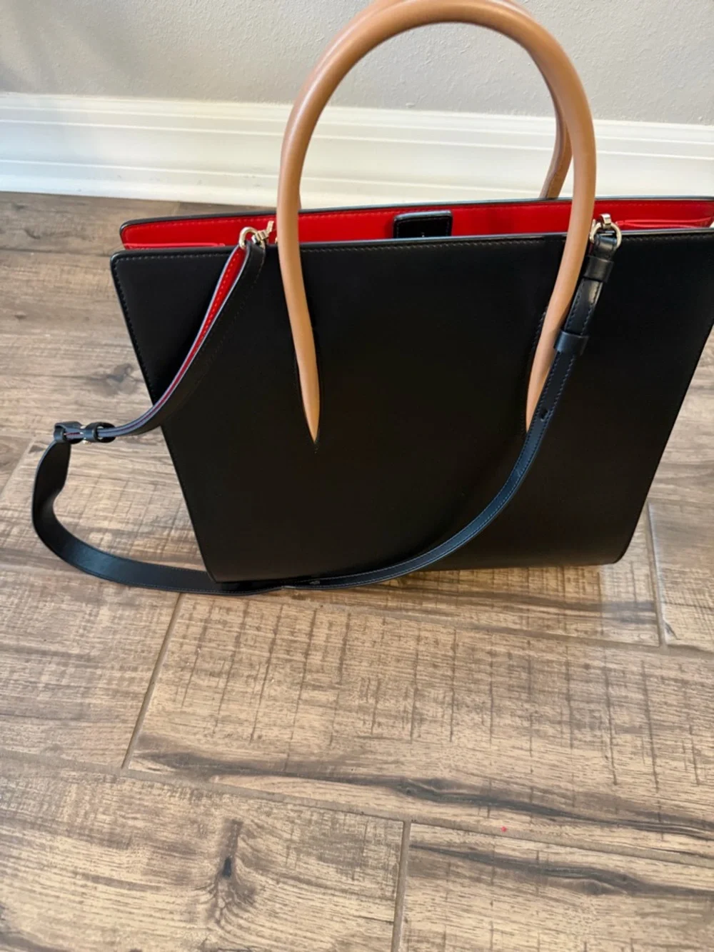 Christian Louboutin Black Tote with Tan Handles and Red Interior Trim - Picture 1 of 6
